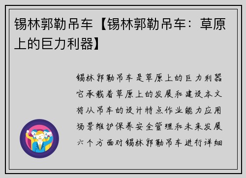 锡林郭勒吊车【锡林郭勒吊车：草原上的巨力利器】